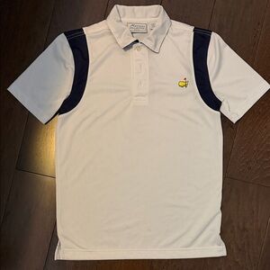 Kids White Polo with Navy Shoulder Accents - Masters Logo